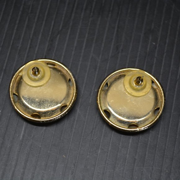 Vintage 1980s Gold Tone Floral Etched Round Button Pierced Earrings - Picture 5 of 8